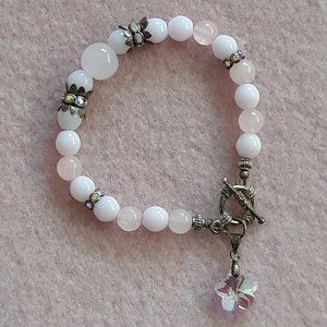Bracelet with Rose Quartz &  Pink Glass Beads, Crystal Charm